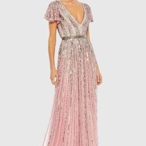 NWT MAC DUGGAL Stripe Sequin V-neck Gown Pink Size 4